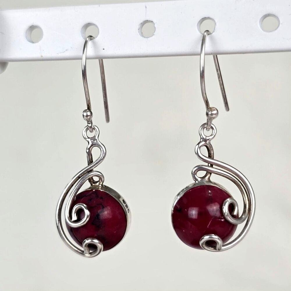 Vintage Amparo Red Jasper .925 Sterling Dangle Earrings Mexico